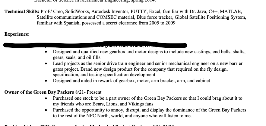 JeffZabrin's tweet photo. How we feeling about this on a resume? I think it's hilarious and shows off personality (and I'm a Bears fan). https://t.co/j1Kms58DY7