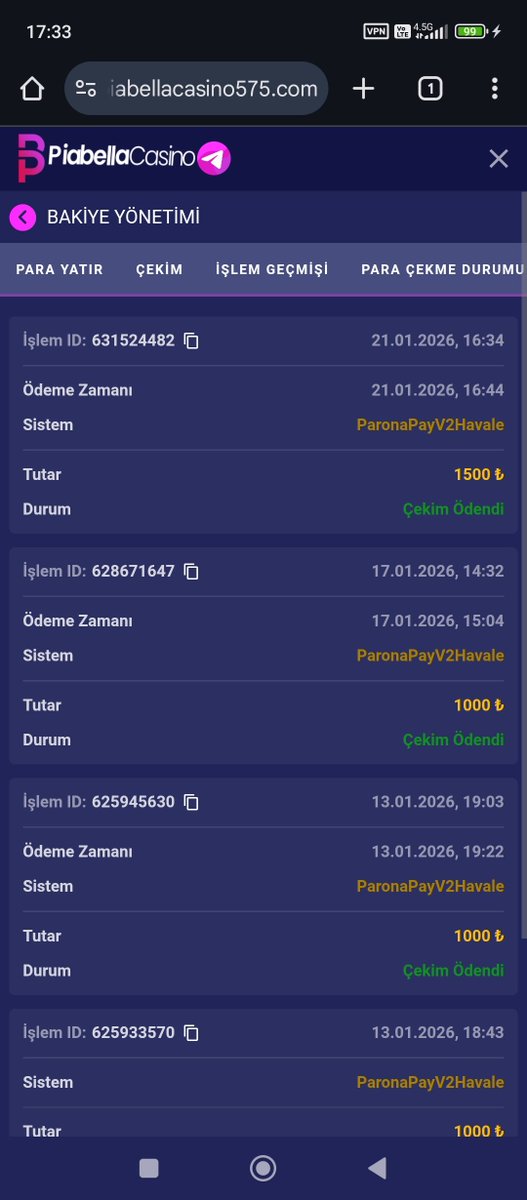 Teşekkürler piabellacasino çekimim anında geldi kullanıcı adı Sefaasya19