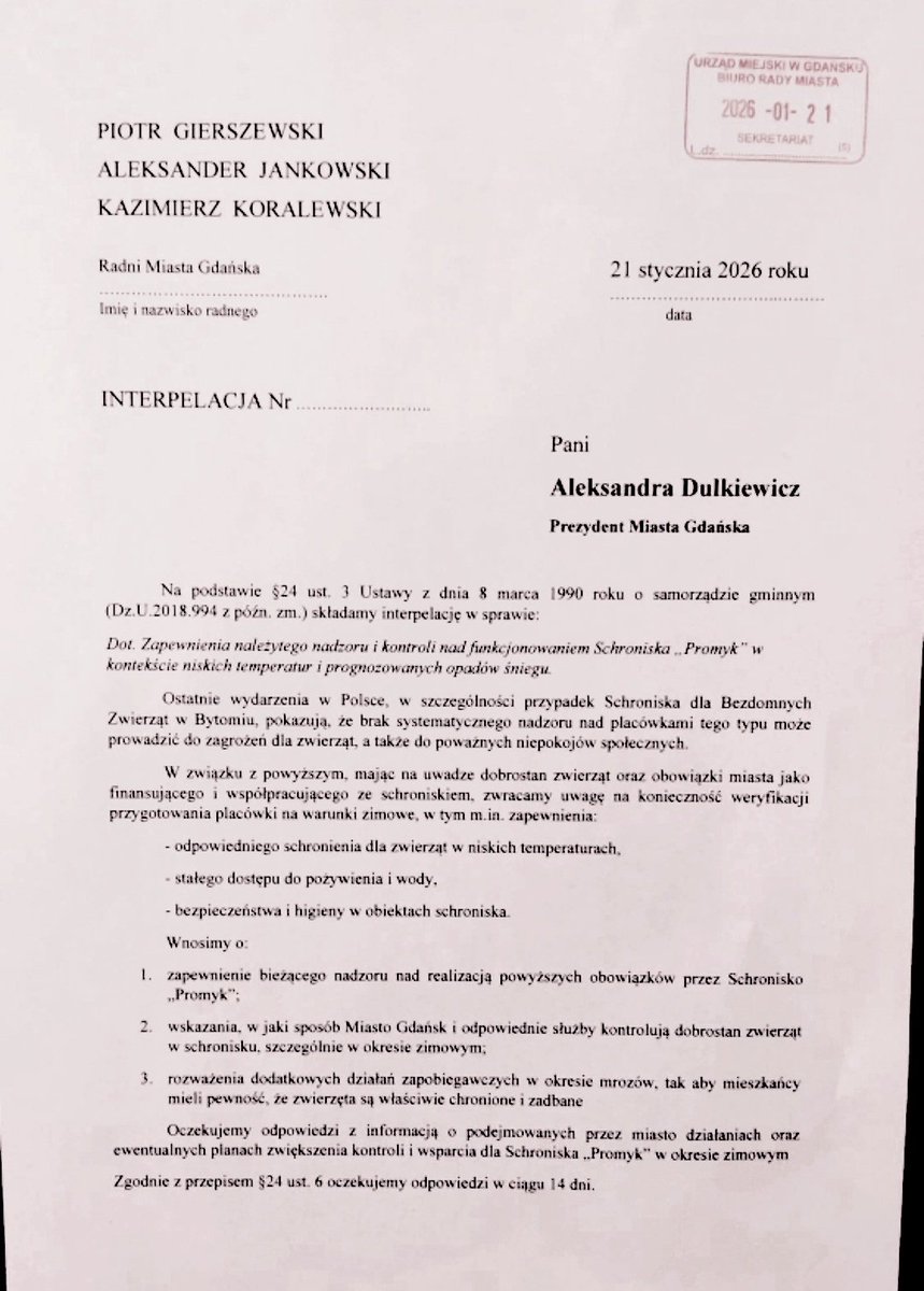 ‼️ Grupa gdańskich radnych <a href="/pisorgpl/">Prawo i Sprawiedliwość</a> <a href="/Gierszewski_P/">Piotr Gierszewski</a> <a href="/Koralewski_K/">Kazimierz Koralewski</a> <a href="/AJankowski_PL/">Aleksander Jankowski #Nawrocki2025</a> złożyła interpelację w sprawie kontroli warunków w schronisku Promyk. Chodzi o weryfikację przygotowania placówki na warunki zimowe. 

Szczegóły poniżej 👇

#Gdańsk
