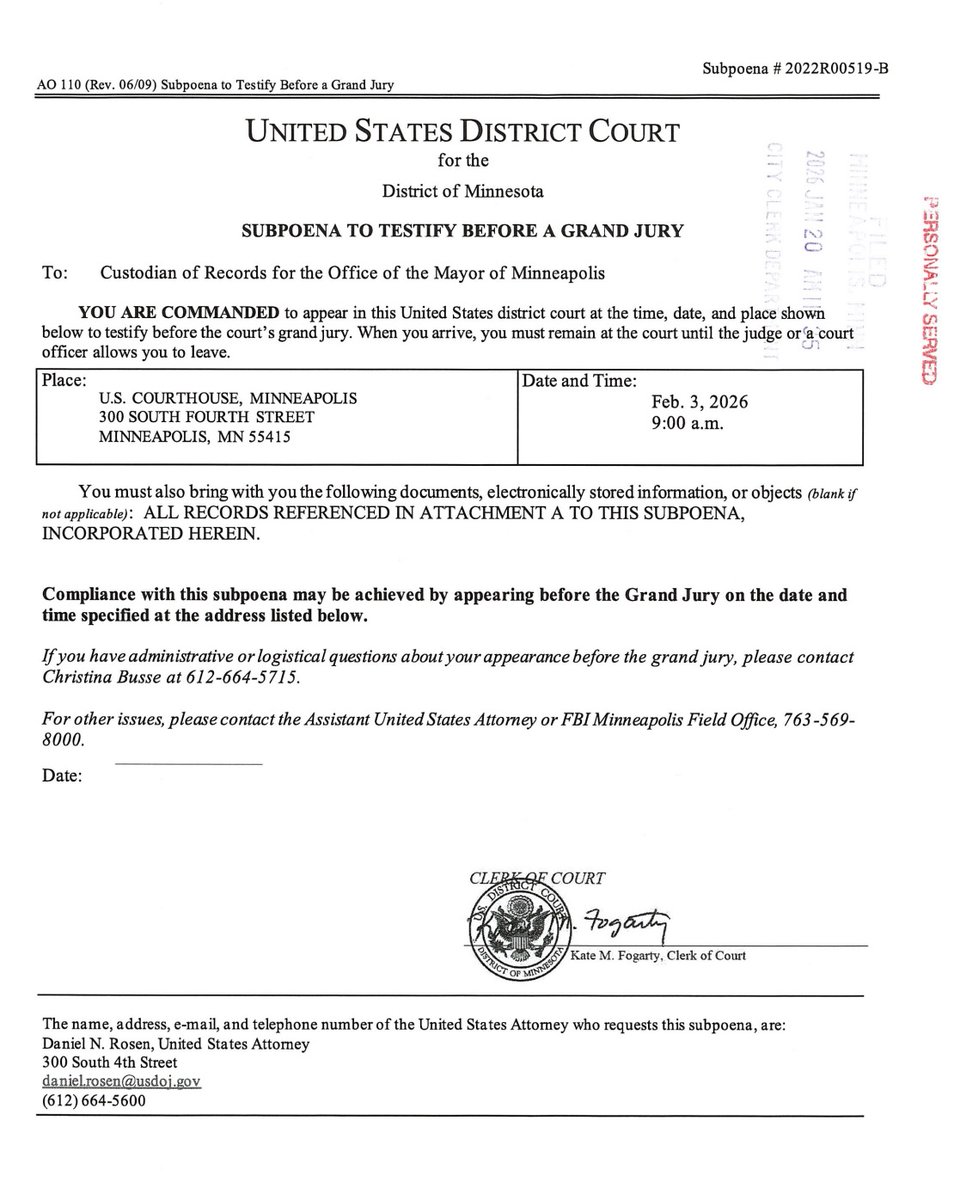 angertab's tweet photo. Here is what you need to know about the subpoena issued to the office of Minnesota Mayor Jacob Frey. 

What It DOES NOT Do:
Call Mayor Frey to testify

What It DOES Do:
Call the "Custodian of Records for the Office of the Mayor of Minneapolis" to testify and produce documents on 02/03/2026 at 9 am. 

How Significant Is This?
Extremely significant. The information that the subpoena demands to be produced could implicate Mayor Frey in directives given by his office that violate federal law, thus resulting in an indictment of Mayor Frey. 

What Must Be Produced?
Records starting on 01/01/2025 including:

- communications, policies, manuals, procedures, directives, commands, instructions, guidance, reference guides, and suggestions, issued or possessed by the Mayor's Office, relating to cooperation or lack of cooperation with federal immigration authorities.

- all records and communications relating to compliance or lack of compliance with immigration detainers in the State of Minnesota.

- all communications, including but not limited to emails, letters, memoranda, text messages, chats, IMs, and voice recordings, within the custody and control of the Mayor's Office, to and from any political or governing body within the State of Minnesota, including the Office of the Governor of the State of Minnesota, the Hennepin County Board of Commissioners, and the Minneapolis Police Department, relating to federal immigration enforcement in the State of Minnesota.

- all guidance, presentations, directives, or training literature issued to the Mayor's Office employees, contractors, or Minnesota residents regarding interacting with immigration officers

(See second image for all-inclusive list)
