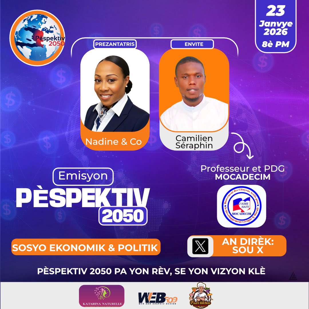 Pespektiv2050's tweet photo. 🔥 Gwo nouvèl !  
Emisyon #Pespektiv2050 ap kòmanse VANDREDI sa a !  
Nou pral pale avni, vizyon, solisyon pou peyi a. 

Pa rate premye emisyon an ! ⏰ https://t.co/yvJBuoqS4a