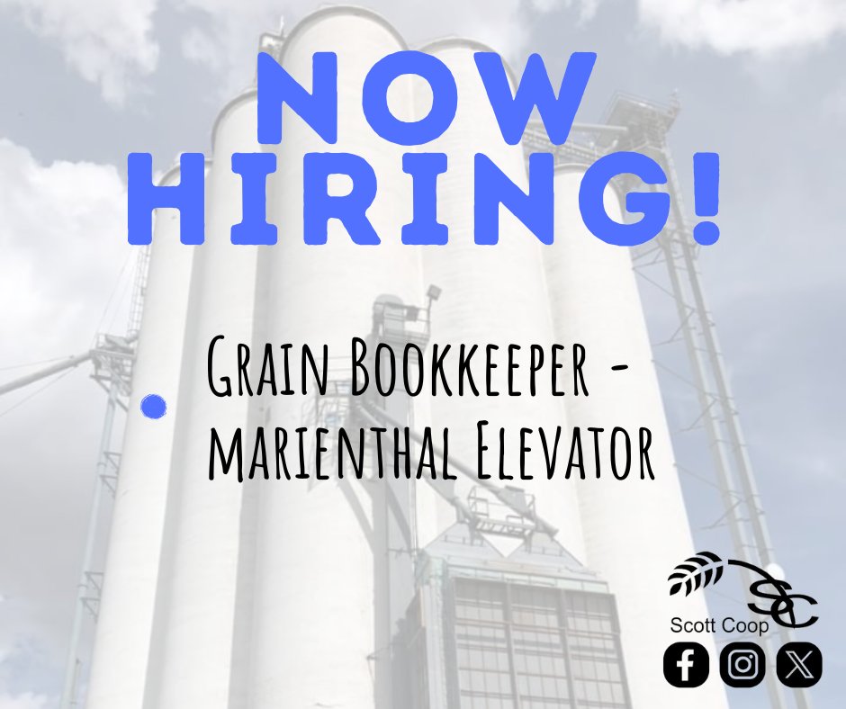 Now accepting applications for a full time grain bookkeeper at our Marienthal Elevator. Please visit scottcoop.com where you can find the application for employment and the job description or stop in at the Main Office #ScottCoop