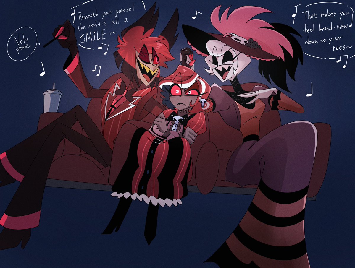 PeriQ5XG's tweet image. “Movie Night!”(they are watching Hello Dolly btw lol)
I like this AU so much this is amazing QAQ!!
#radiorose #HazbinHotel