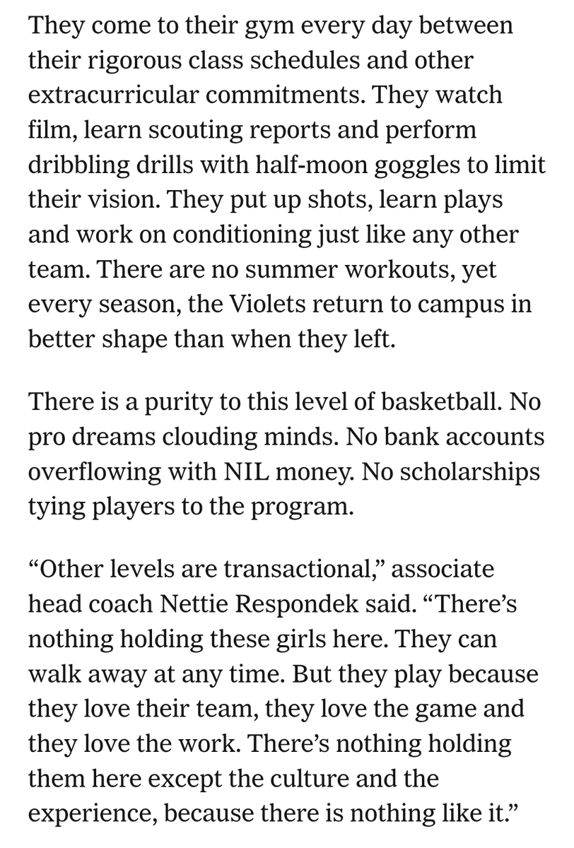 SkinsHoops86's tweet photo. Great read. NYU WBB is a powerhouse. Wish some D1s weren't scared &amp; would play them!

"Other levels are transactional. There’s nothing holding these girls here. They can walk away at any time. But they play b/c they love their team, they love the game &amp; they love the work. https://t.co/bdXUTk0dLq