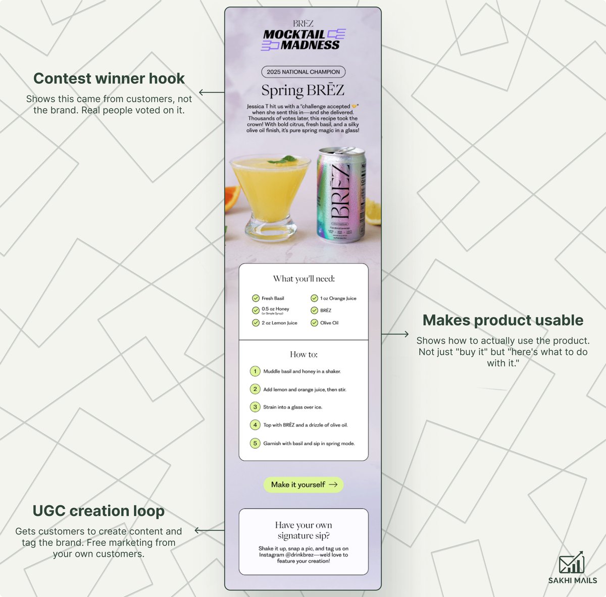 STEAL THIS if you wanna turn your customers into your content team

<a href="/drinkbrez/">BRĒZ</a> ran a customer contest and got free content, engagement, and sales from one email.

The setup:
Run a contest where customers submit recipes/ideas/uses for your product. People vote. Winner gets