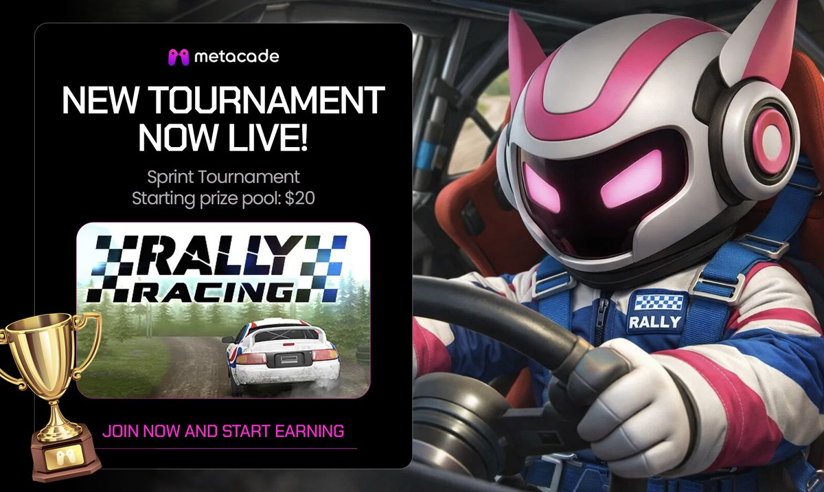 Metacade_'s tweet photo. Tournament #4 just dropped 👊 

New round. New leaderboard.

Rally Racing is up 🏁

It's time to hit the gas for more rewards👇🏼
https://t.co/5UD1SqkBBI https://t.co/HLCW0XoqFi