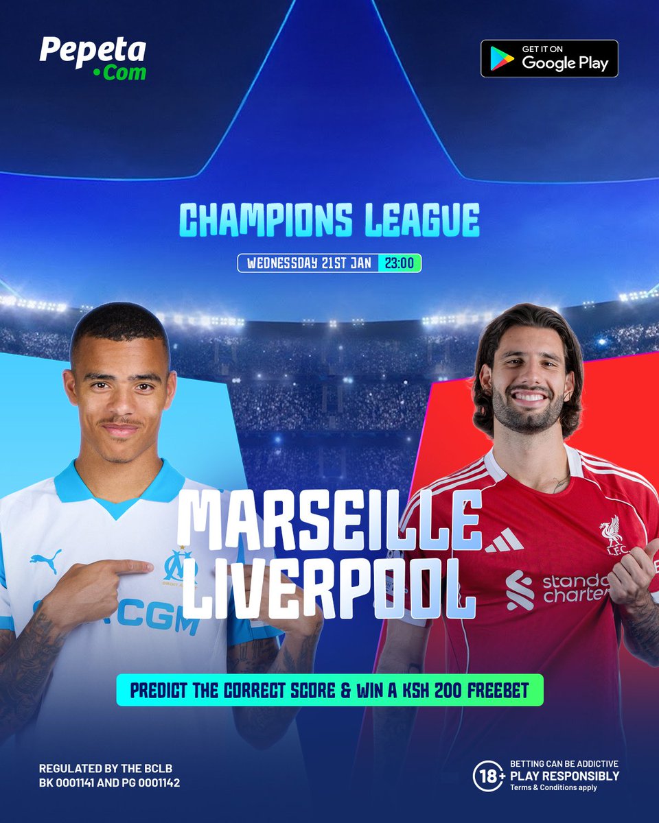 pepeta_bet's tweet image. Champions League games za jana zilikua na suprises. Leo kuna, more juicy games🤤 😋 

Marseille wanaweza fanyia Liverpool ile kitu?🧐

Predict the CORRECT SCORE for a chance to win a 200BOB FREEBET 

T&amp;amp;C's
1. You MUST share this post
2. Answers posted after kickoff time WILL NOT…