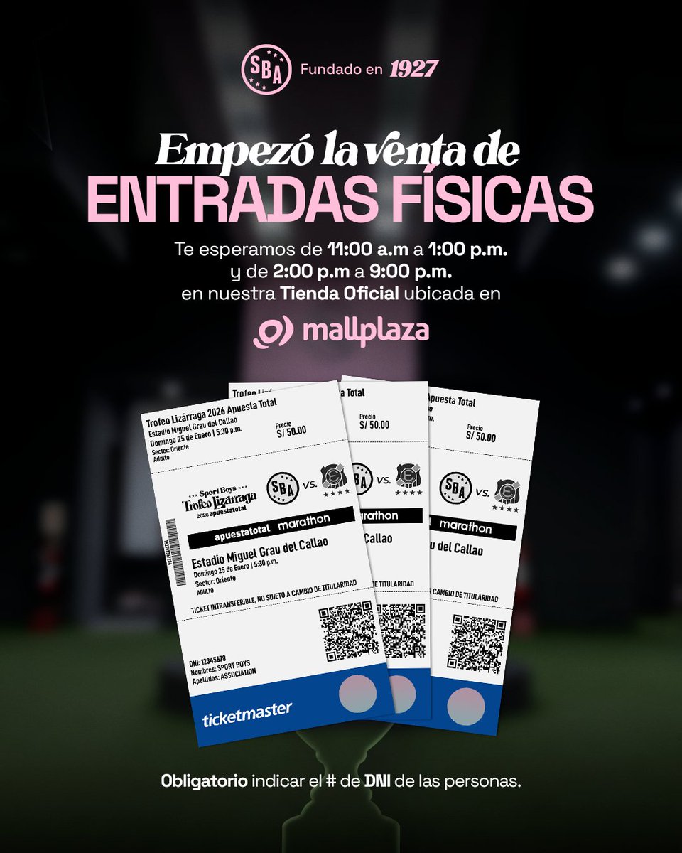 🎟️ ¡Empezó la venta de entradas físicas!

📍 Te esperamos en nuestra Tienda Oficial – Mallplaza Bellavista
🕚 11:00 a.m. – 1:00 p.m.
🕑 2:00 p.m. – 9:00 p.m.

Entradas también disponibles en ticketmaster.pe/event/trofeo-l… 🎟️

#VamosBoysTodaLaVida