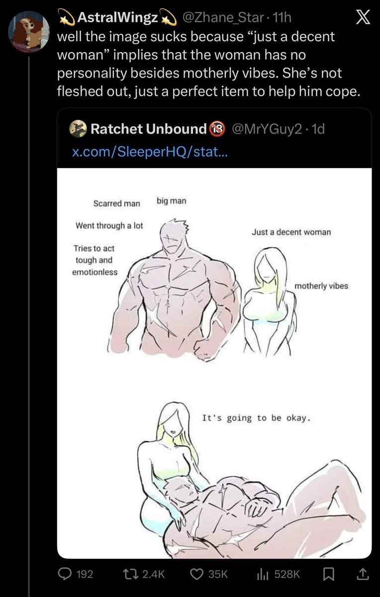 Critical_Scribe's tweet image. People out here really need to stop projecting their inner thoughts onto others and thinking it makes them have some moral high ground.

“Just a decent woman” just means that she has common courtesy and respect for others. You can do that across multiple personalities. If you…