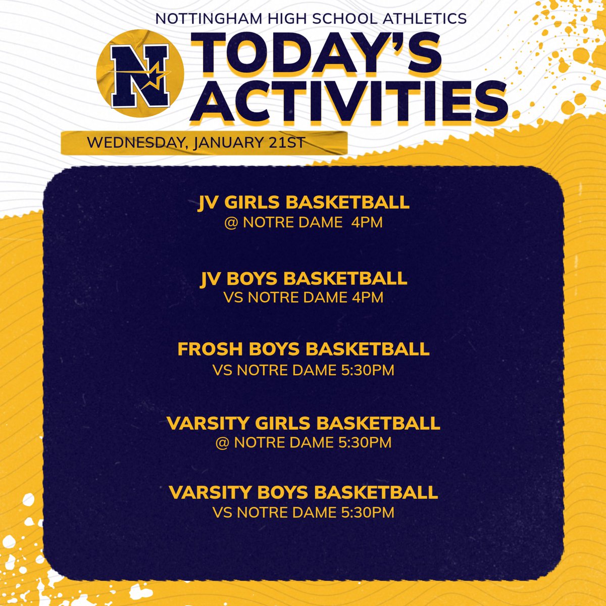 StarAthleticsAD's tweet image. Below is today's schedule of Nottingham HS athletic events. You can watch the varsity boys basketball game live using this link:  fan.hudl.com/usa/nj/hamilto…
@HTSD_Nottingham @NottinghamNABC
@NottinghamHSAD @WeAreHTSD