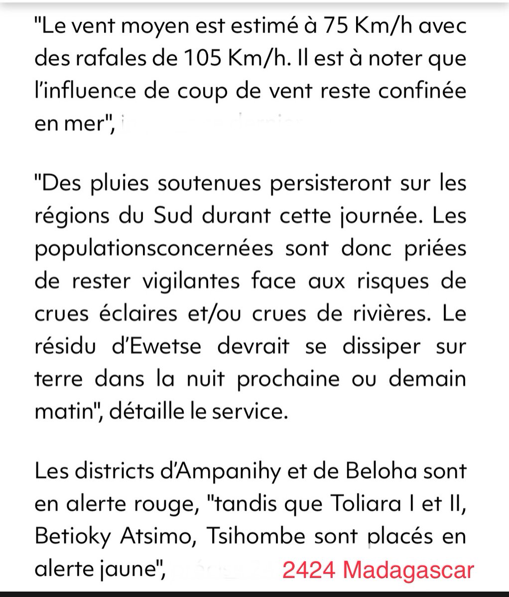 MADAGASCAR CYCLONES 2026. ARRIVEE D’EWETSE DANS LE SUD OUEST DE L’ILE, CE 21 JANVIER 2026