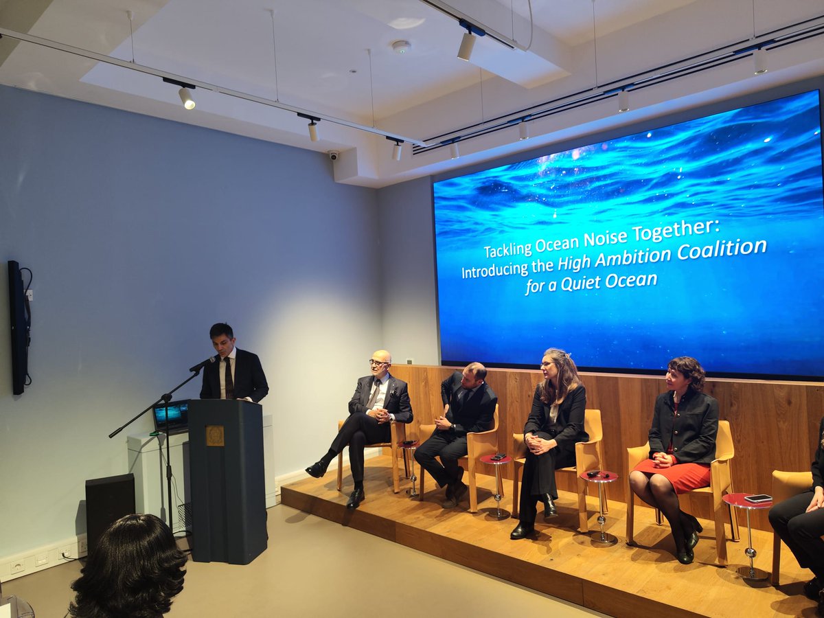 ItalyinUK's tweet photo. The Italian Permanent Representation to @IMOHQ hosted a presentation of the High Ambition Coalition for a Quiet Ocean, a multilateral cooperation tool to reduce underwater noise pollution.  #QuietOcean #OceanGovernance #UnderwaterNoise #SustainableShipping #MultilateralDiplomacy https://t.co/2ShZJY9orI