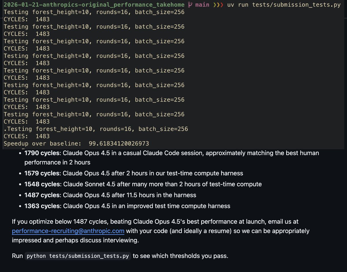 xeophon's tweet photo. Anthropic has open sourced their (old) take home

A casual codex session after 2 hours beats "Claude Opus 4.5 in a casual Claude Code session" and "Claude Opus 4.5 after 11.5 hours in the harness"

: ) https://t.co/BKDjqpi56W