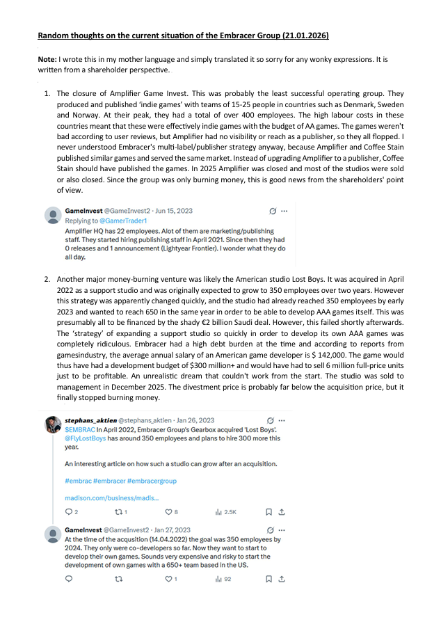 GameInvest2's tweet photo. With the share price in steady decline, I would like to share a few random thoughts about Embracer. These relate to various things that have bothered me as a shareholder for a long time and have finally been addressed (perhaps due to new management?)

$EMBRAC $ASMDEE $COFFEE https://t.co/pfxwiZSYg4