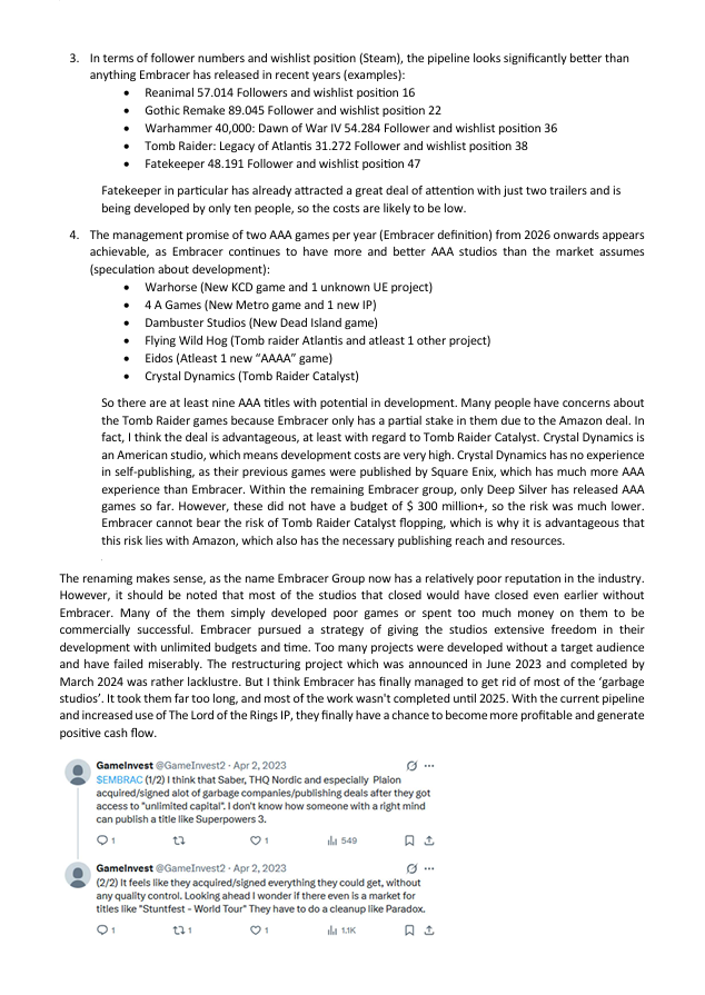 GameInvest2's tweet photo. With the share price in steady decline, I would like to share a few random thoughts about Embracer. These relate to various things that have bothered me as a shareholder for a long time and have finally been addressed (perhaps due to new management?)

$EMBRAC $ASMDEE $COFFEE https://t.co/pfxwiZSYg4