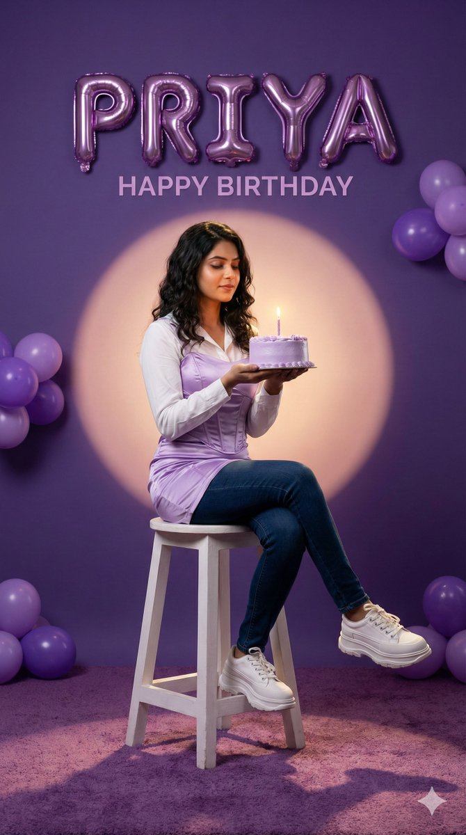 1. Open Google Gemini Nano Banana / Chat GPT / Grok
2. Upload Your Image 
3. Enter Super Prompt 
"Ultra-realistic 8K birthday portrait of Payal with her real face and hair unchanged, sitting gracefully on a white stool, wearing a pastel-purple satin corset dress layered with a