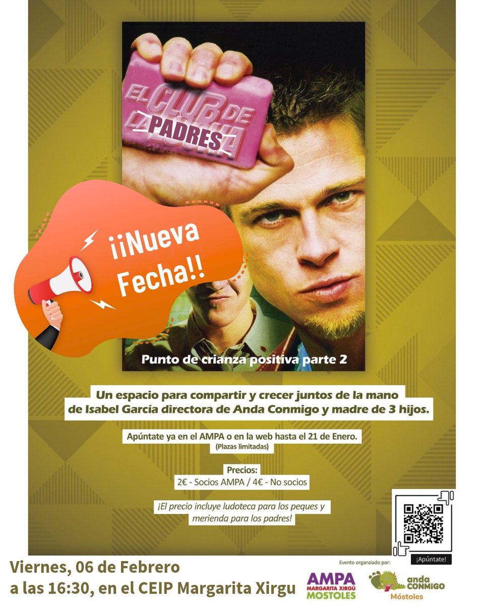 Segunda parte de El Club de Padres

📅 Cuándo: el viernes 06 de Febrero
🎯 Tema: “Crianza positiva”
📝 Inscripción: Enlace en la web
 
Escuela de familias 
AMPA Margarita Xirgu

 #taller #escueladefamilias #crianzapositiva #clubdepadres #andaconmigomóstoles #ampamargaritaxirgú