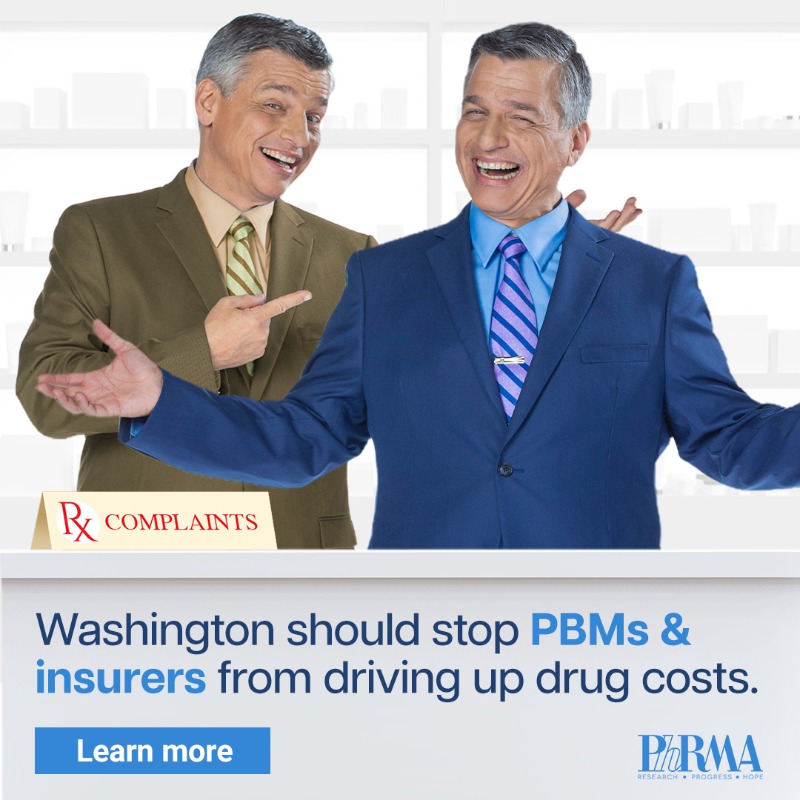PhRMA's tweet photo. PBMs and insurers can steer patients to the pharmacies they own at the expense of patients and the government, drawing extensive investigation by the FTC and Congress.

Stop PBMs and insurers from driving up costs: