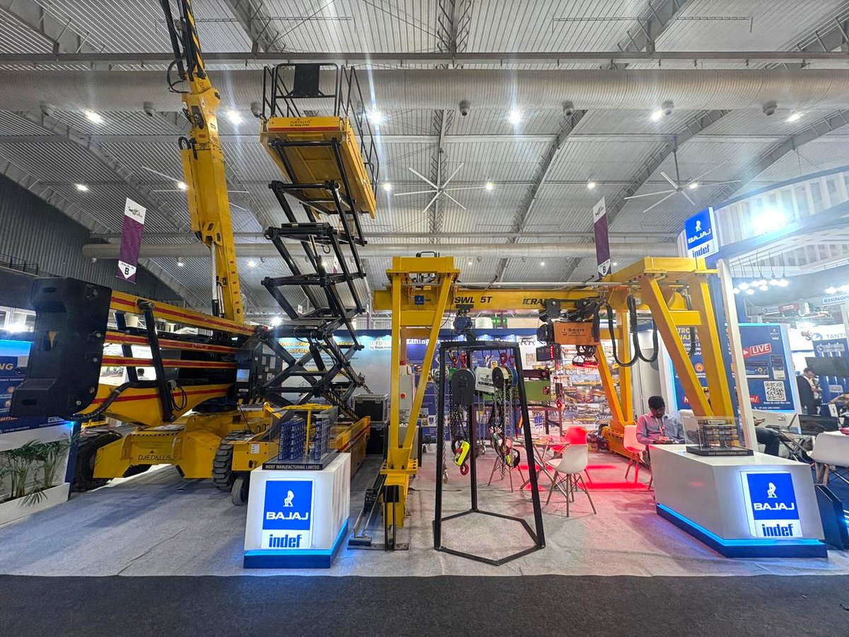 bajajindef's tweet photo. 🚀 Day 1 at IMTEX Expo 2026!

Great energy, insightful conversations, and a fantastic response at the Bajaj INDEF stall as we showcase our cranes, hoists &amp; AWPs – Make in India, Built for the World. 🇮🇳🌍

#BajajINDEF #IMTEX2026 #Day1Highlights #MakeInIndia #BuiltForTheWorld https://t.co/kn1jxKYfvG