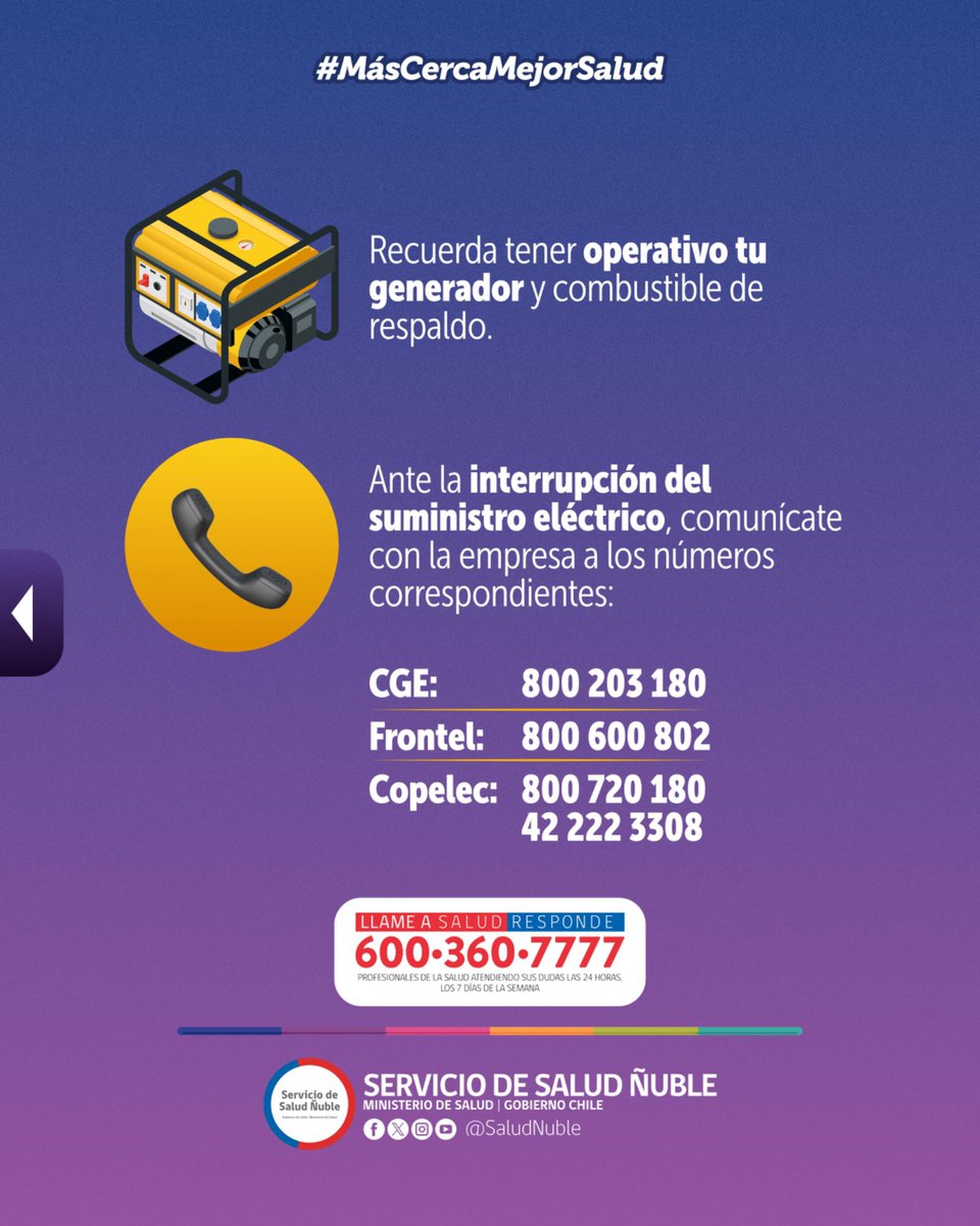 ⚡️ Si eres o convives con personas electrodependientes, ante un corte de energía eléctrica producto de la contingencia que enfrenta nuestra región, ¡ten en cuenta esta información!

#MásCercaMejorSalud
#ÑubleMejorSalud