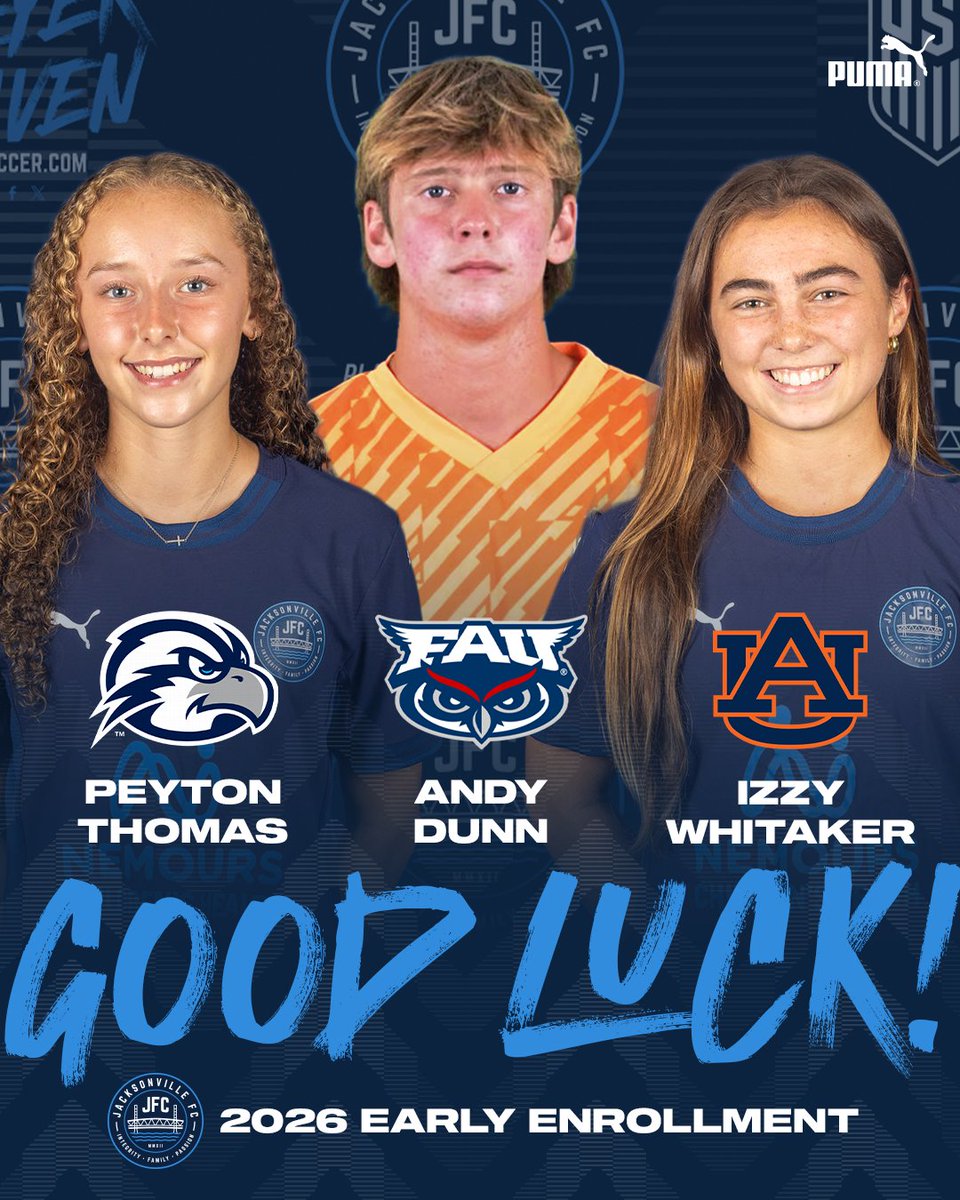 jacksonville_fc's tweet photo. Good luck to Peyton, Andy, and Izzy as you take the next step in your journeys.
New colors, new challenges, same drive.
We’re proud of you and can’t wait to watch what’s ahead.
#PlayerDriven #904JFC https://t.co/qb14ckCWV8