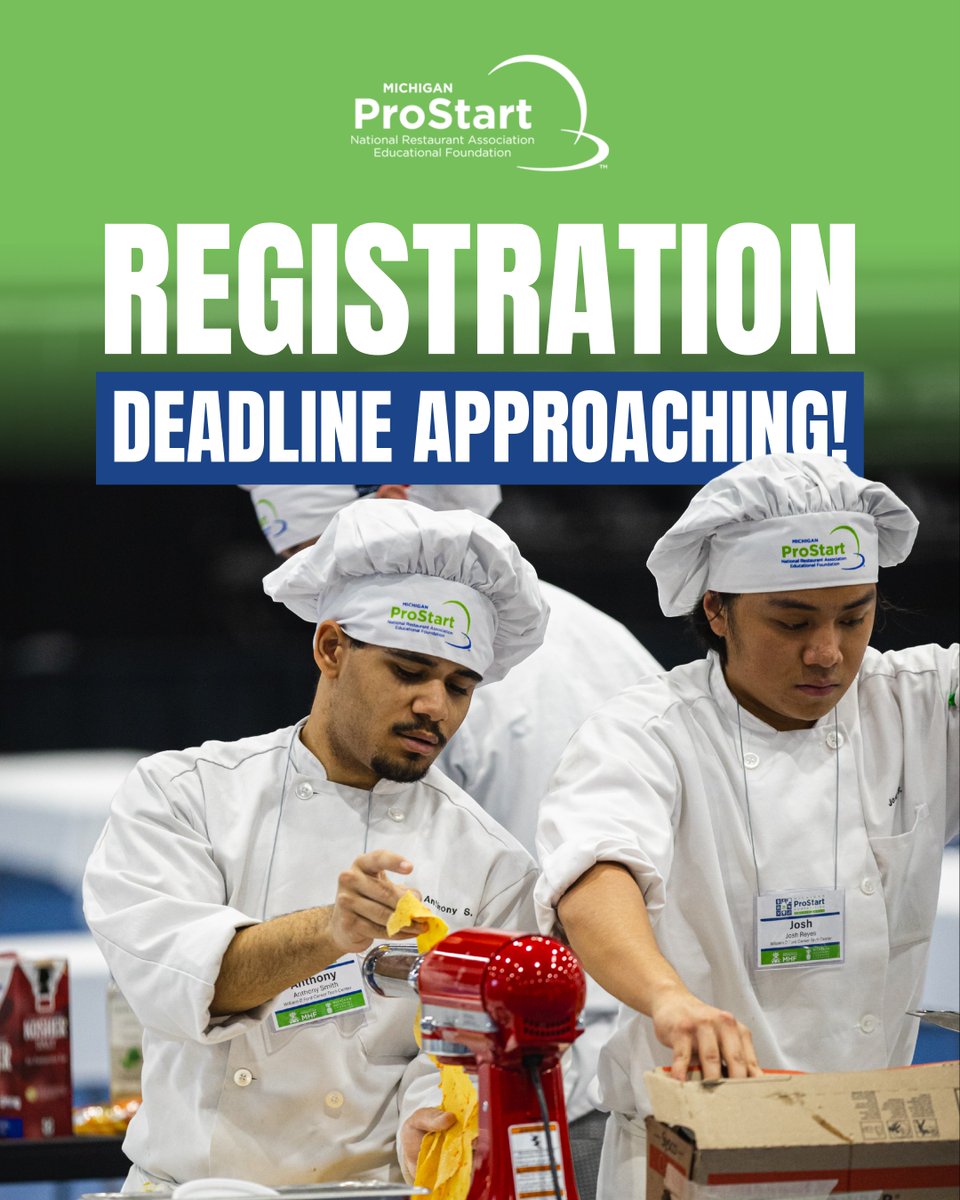 REMINDER: Only one week left to register your ProStart teams for the 2026 Michigan ProStart Invitational, happening March 2–3 at the DoubleTree by Hilton Battle Creek! ⏰ 

➡️ Register today: bit.ly/4gtVunZ