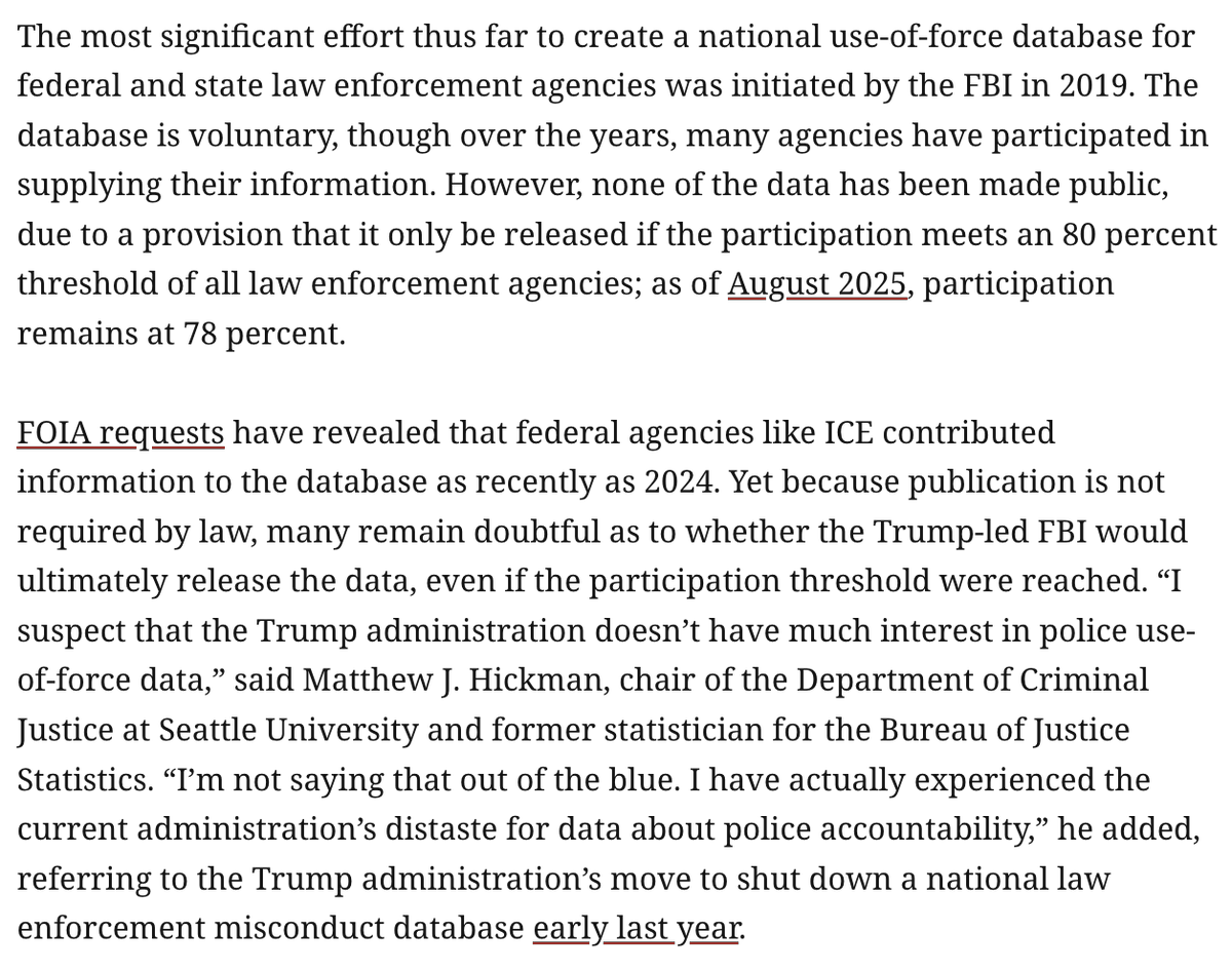 ddayen's tweet image. There is no compulsory database for law enforcement use-of-force incidents, and we mainly rely on news reporting for any comprehensive account. For 30 years Congress has failed to require use-of-force statistics, &amp;amp; the only thing that exists is voluntary.
prospect.org/2026/01/21/ice…