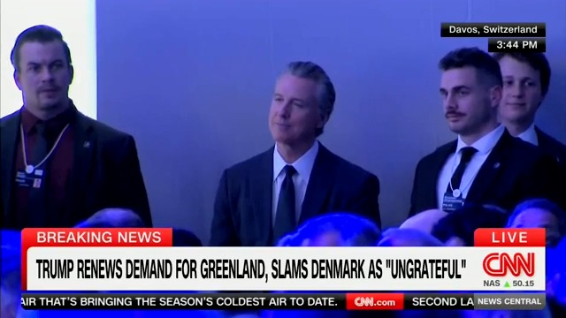 RapidResponse47's tweet image. The failing Governor of California (rampant with fraud) watches from the corner cuck chair as @POTUS delivers a true masterclass in Davos. Embarrassing!