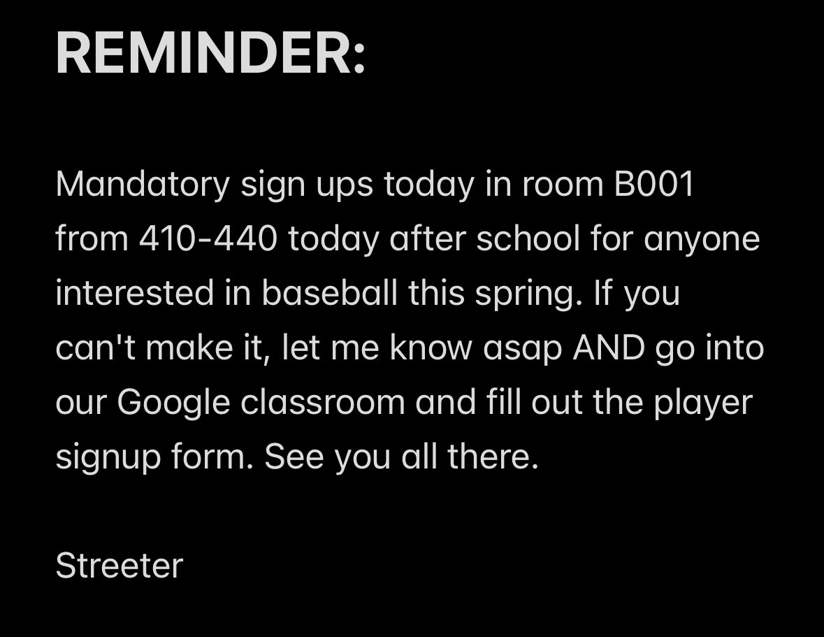 saberbaseball1's tweet photo. Reminder for today's mandatory sign up meeting #GYMR https://t.co/4vCqMBGoI9