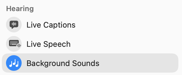 MikeDeMar's tweet photo. I love that the macOS Tahoe update added ‘Background Sounds’ to the accessibility menu. Now I can easily turn them on and off whenever I need. If you’re a white noise fan, which ones do you have turned on? https://t.co/n0oOz7Dscz