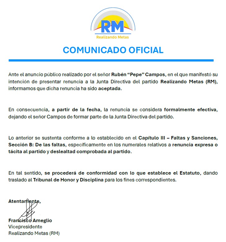 Fameglio's tweet image. *COMUNICADO OFICIAL*

Ante el anuncio público realizado por el señor Rubén “Pepe” Campos, en el que manifestó su intención de presentar renuncia a la Junta Directiva del partido Realizando Metas (RM), informamos que dicha renuncia ha sido aceptada.

En consecuencia, a partir de…