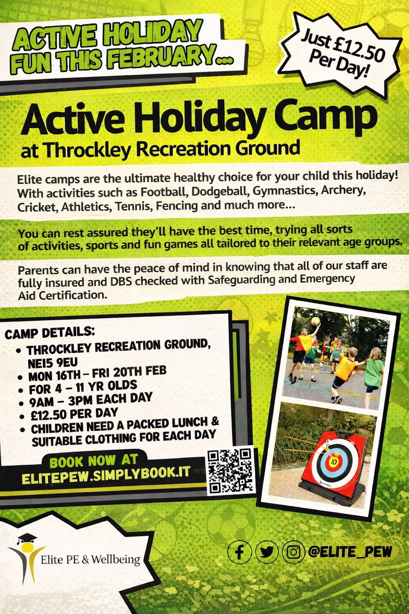 Elite_PEW's tweet photo. We will be hosting an activity camp at Throckley pavilion during the February half term. 

The children will experience a whole host of different sports and activities throughout the week🤺 🏹 

To book your child’s space now, book online at https://t.co/bKeZ1YVoWq 🏀 🎾 ⚽️ https://t.co/U2AB9iHQHO