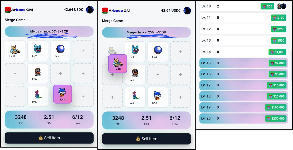 🍉FOR ARBASE COMMUNITY 

🍉MERGE GUIDE :
when you merge, make sure to check Your Merge Chance % 
For Better Results🥳
I already marked✔️ in image where you check👍

10 lvl : 50$
20 lvl : 250K$🤑
Very simple and easy Game on <a href="/baseapp/">Base App</a> by <a href="/kingyru/"></a> 

Try⬇️
arbase.palette.finance/r/13874f40995e