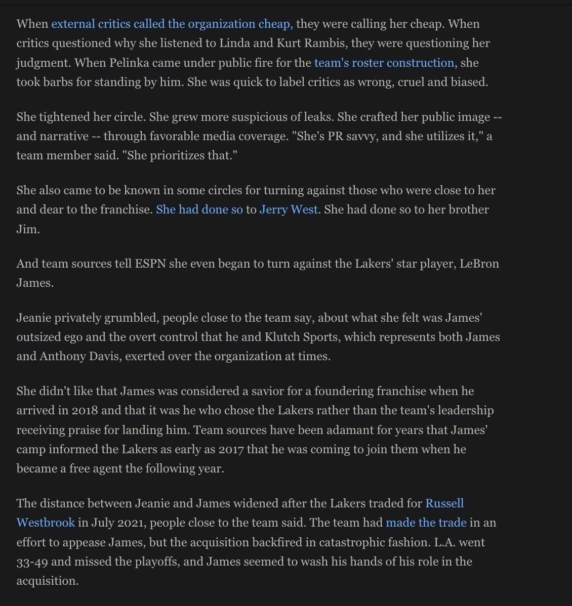 big_business_'s tweet image. This behind the scenes of Jeanie Buss selling the Lakers article on ESPN is CRAZZYYYY

They said she hated Lebron was labeled as "Saving The Lakers Franchise" and she even wanted to trade Lebron and thinks LeBron didn't take no accountability for the Russell Westbrook trade