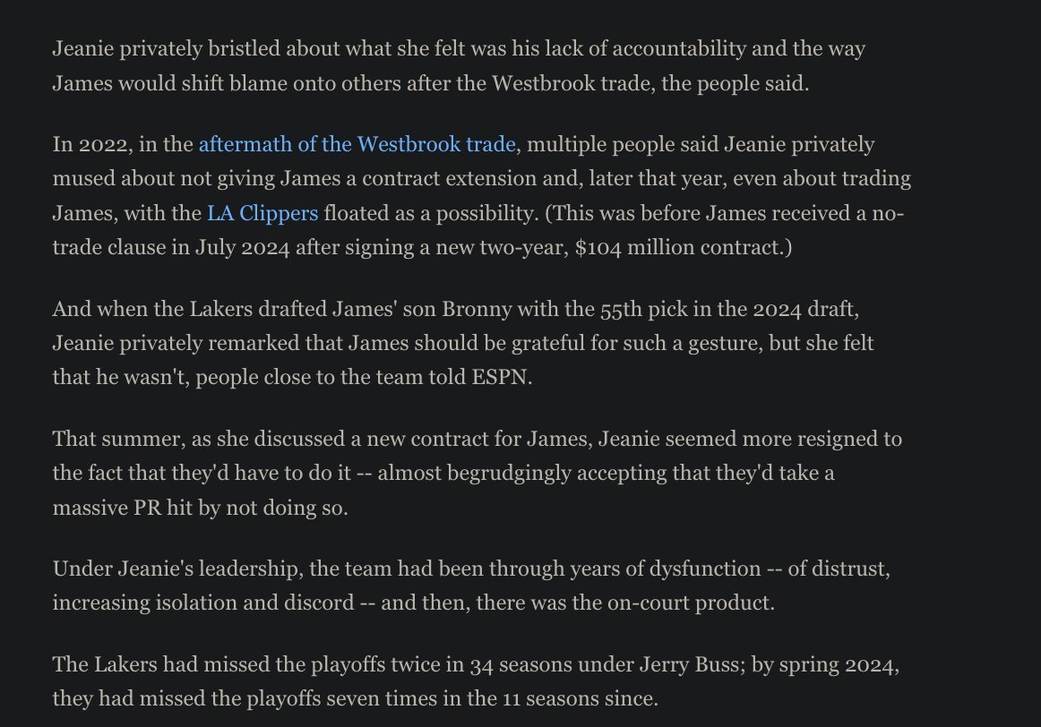 big_business_'s tweet image. This behind the scenes of Jeanie Buss selling the Lakers article on ESPN is CRAZZYYYY

They said she hated Lebron was labeled as "Saving The Lakers Franchise" and she even wanted to trade Lebron and thinks LeBron didn't take no accountability for the Russell Westbrook trade