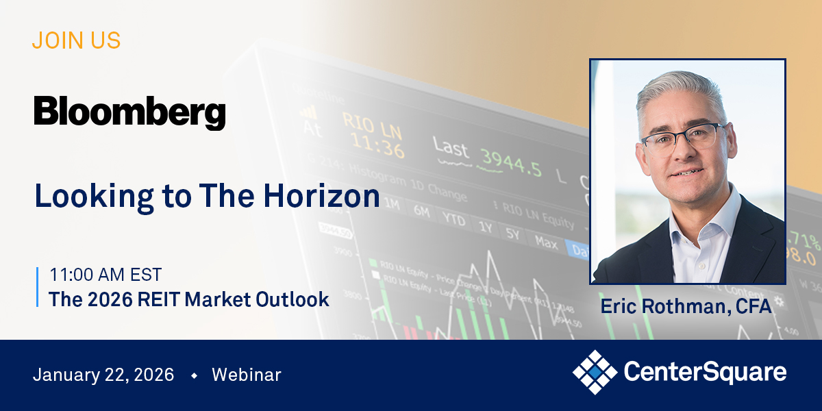 CtrSquare's tweet image. We’re pleased to share that Eric Rothman will speak in Bloomberg’s “Looking to the Horizon – The 2026 REIT Market Outlook” webinar, offering insights on the evolving REIT landscape and key market dynamics. Join the discussion if you’re tuning in!

#BloombergWebinar #CenterSquare
