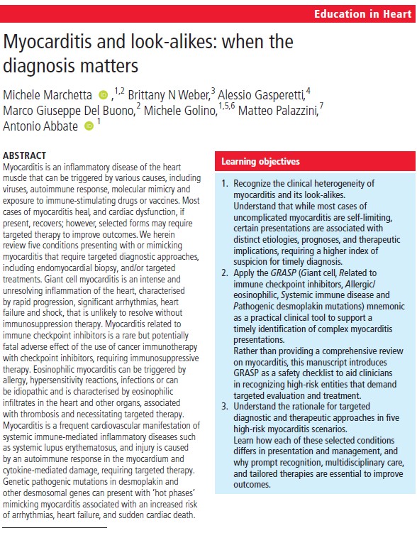marchetta97560's tweet photo. New publication in Heart with an outstanding team:
@Bweber04 @gasperettimd @MarcoDelBuono3 @micheleg1390 Matteo Palazzini @AbbateAntonio  

Introducing GRASP acronym, a practical checklist for recognizing high-risk myocarditis and guiding targeted care.

https://t.co/CWFuRFpzt5 https://t.co/0l1lz8sAhN