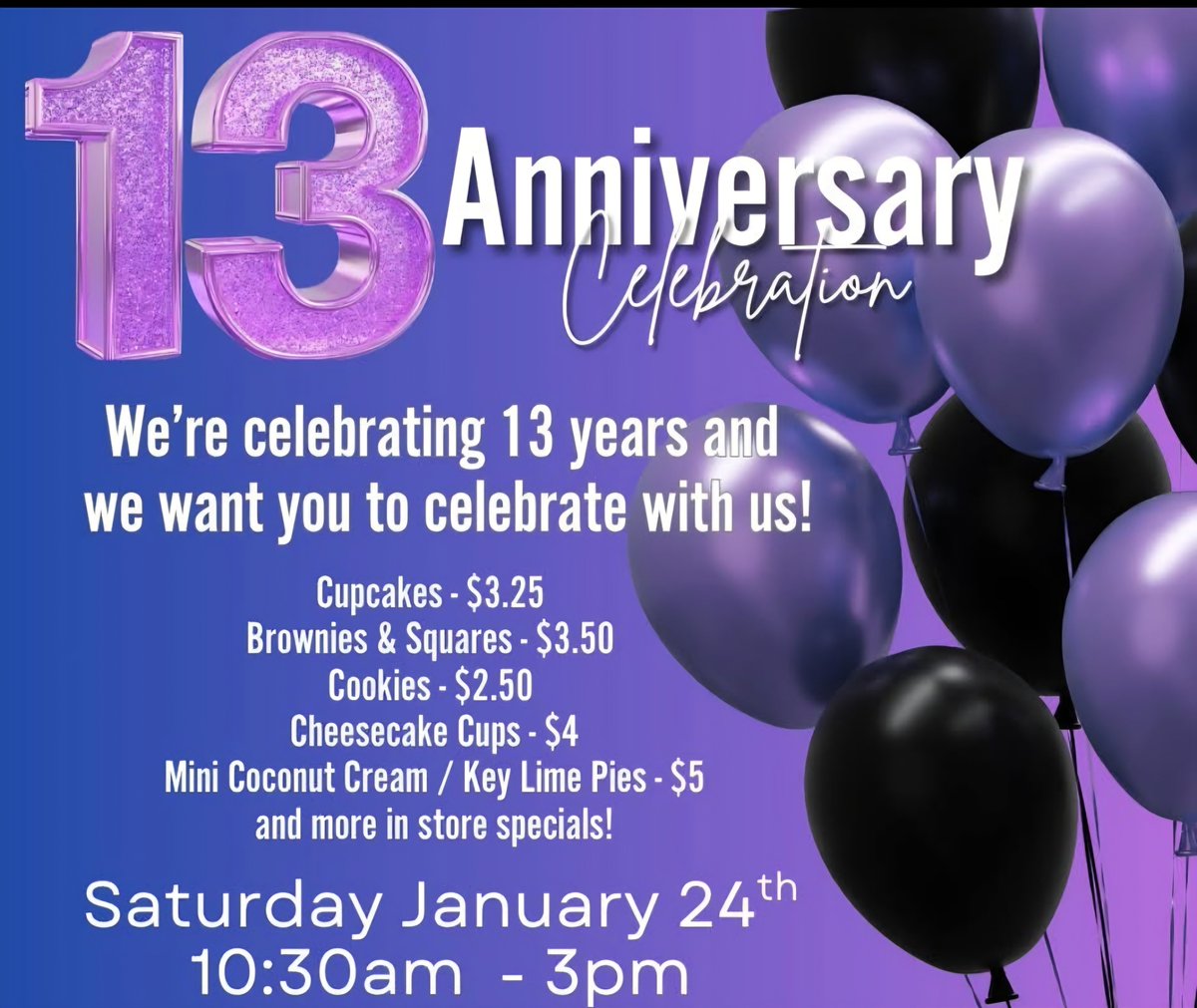 Decadently Yours is turning 13 and you are invited to a sweet party at our bakery! Saturday January 24th 10:30am to 3pm. Cupcakes $3.25 Brownies and squares $3.50 and many more in store sales! We look forward to celebrating with you! guelph.spaces.ca/baking/decaden… via @guelphtoday