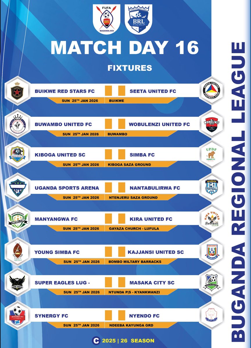 BugandaRFA's tweet image. Match day 16 of the Buganda Regional League is coming over the weekend 

@fc_kira39537 @supereagles_fc @USPAmedia @BuwamboUnitedFC