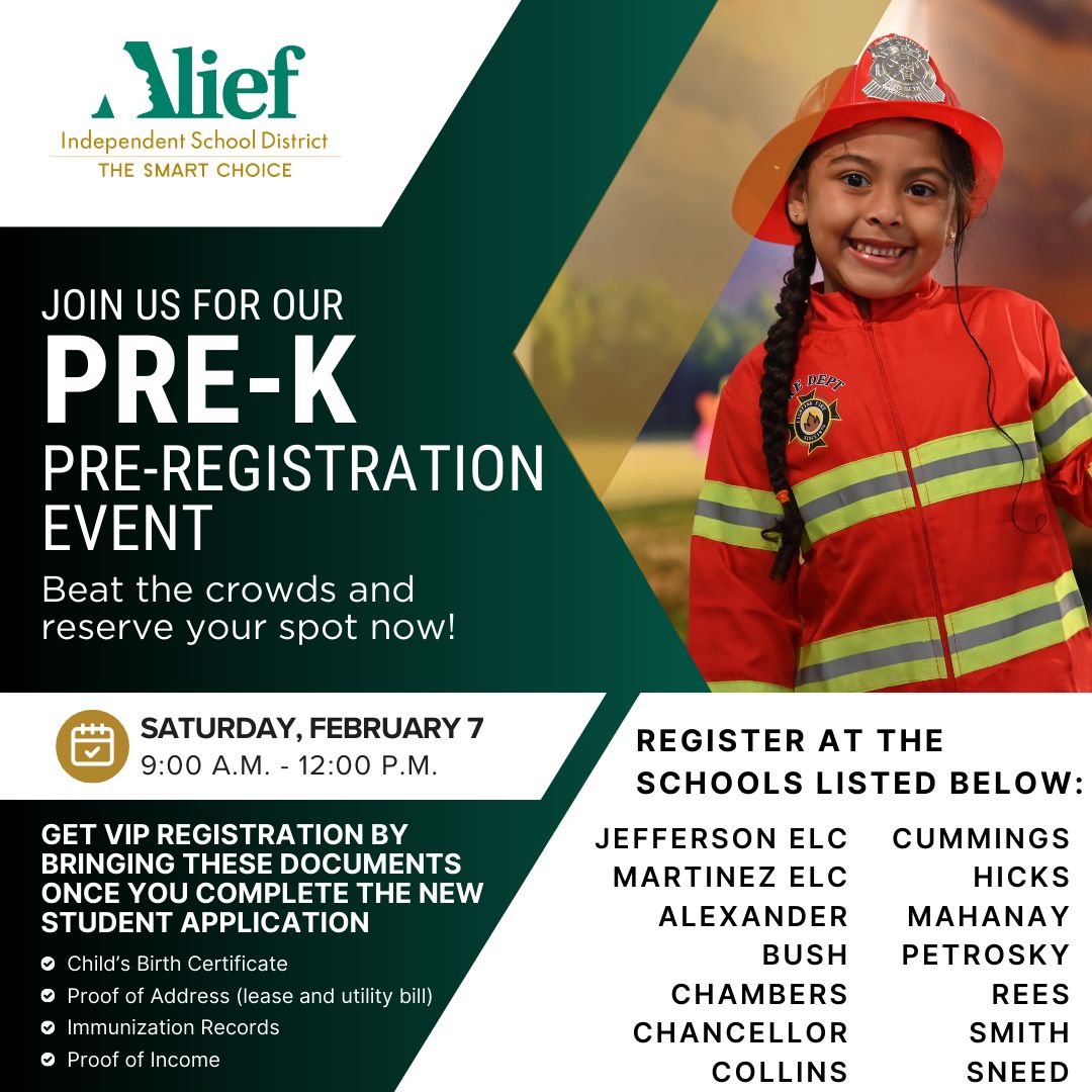 AliefISD's tweet photo. 📣 Join us for our Pre-K Pre-Registration Event and get a head start on reserving your child’s spot in Alief ISD. Beat the crowds, complete your application, and bring the required documents for VIP registration.
🗓 Saturday, February 7
⏰ 9:00 a.m. – 12:00 p.m.
Registration will be available at select Alief ISD campuses. We can’t wait to welcome our future scholars to The Smart Choice!