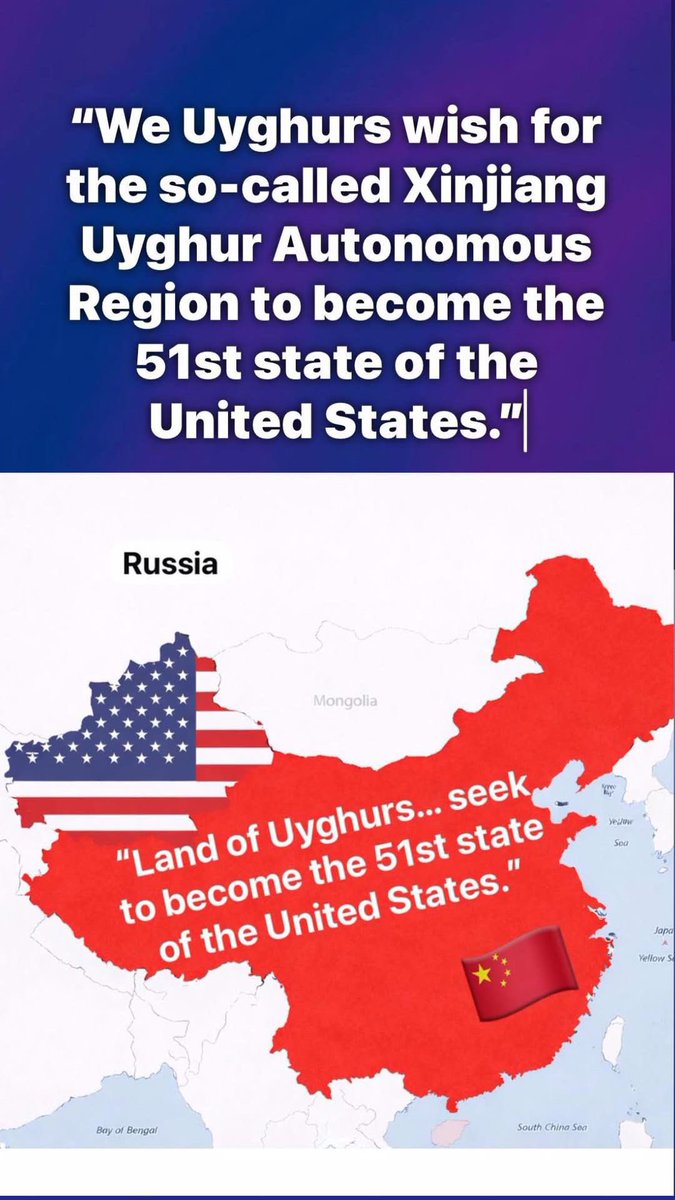 Çin devletinin işgalı altındaki Doğu Türkistan (Uyguriye) deki Uygurlar maruz kaldığımız Soykırımla yok olmaktansa ABD'nin 51. eyaleti olmak istiyoruz