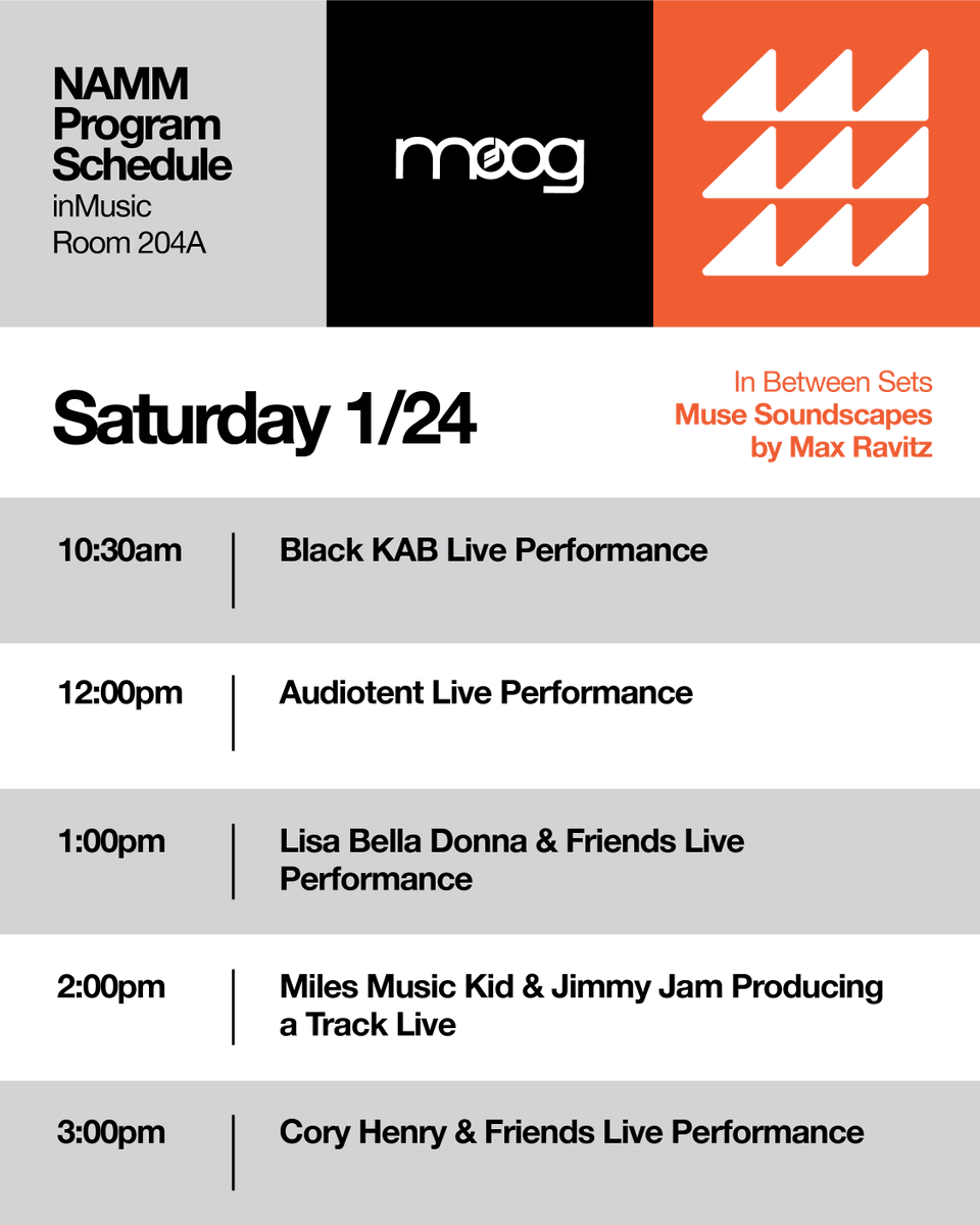 moogmusicinc's tweet image. This Saturday at The @NAMMShow, step into Room 204A for a full day of Moog performances and live sessions.

It's going to be a day to remember. We’re so excited to see you at the show!

#Moog #NAMM #NAMMShow