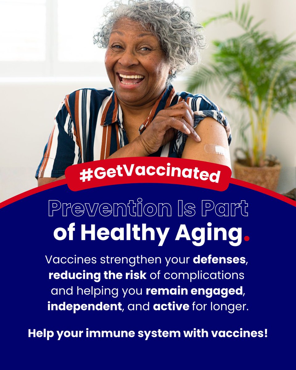 NHCOA's tweet image. Healthy #aging goes beyond staying active; it also involves preventing illness. 
#Vaccines are an essential part of preventive care for older adults because they help maintain quality of life.💉
Find vaccines at vaccines.gov or text us at (202) 658-8664.
#GetVaccinated
