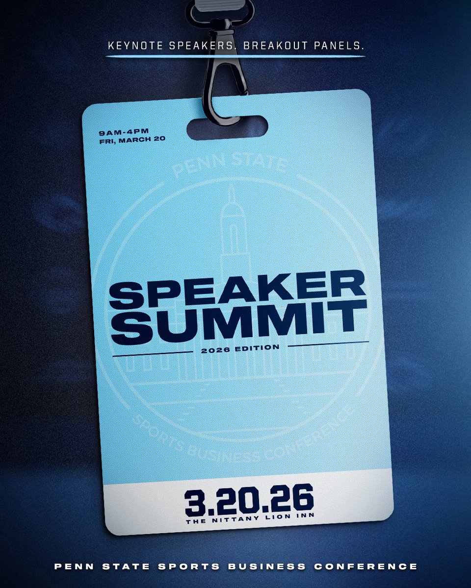 PennStateSBC's tweet photo. Our Speaker Summit is officially here!🎤

🗓️March 20th
⏰ 9-4pm
📍The Nittany Lion Inn

You don’t want to miss our Speaker Summit: a one-day event featuring key insights and real conversations from keynote speakers and panelists across the sports industry professionals 🎤💼

🎟️🔜 https://t.co/7RewmcceLj