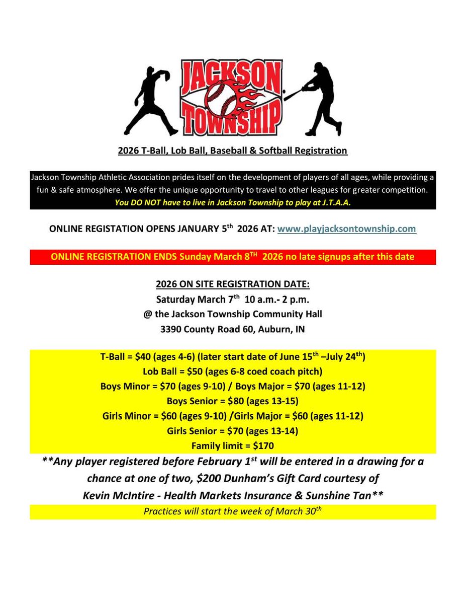Spring registration is OPEN! Register at playjacksontownship.com. You don’t have to live in Jackson Township to play at JTAA. Registration is open through March 8. Register by Feb 1 for a chance to win one of two $200 Dunham’s Sports gift cards!