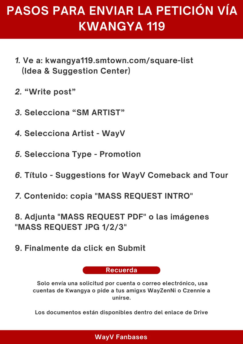 WayV_Sp's tweet image. 📢 PETICIÓN MASIVA KWANGYA 119 

🔗kwangya119.smtown.com/square-list

👉 Inicia sesión y sigue los pasos

Usad versión en inglés,coreano o japones ⬇️

🔗 drive.google.com/drive/folders/…

@SMTOWNGLOBAL
@WayV_official
@NCTsmtown

#SMTreatWayVBetter
#에스엠WayV활동보장해 
#请合理规划艺人发展