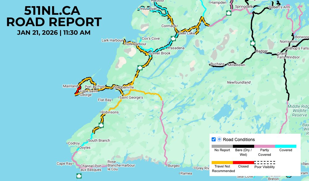 EddieSheerr's tweet image. Many roads across the West and Southwest Coast are being reported as 'Travel Not Advised' at this time, including a large section of the TCH south of Corner Brook. #nlwx #nltraffic 

Part of Route 463 (Port au Port Peninsula), between Mainland and Cape St. George, is closed.…