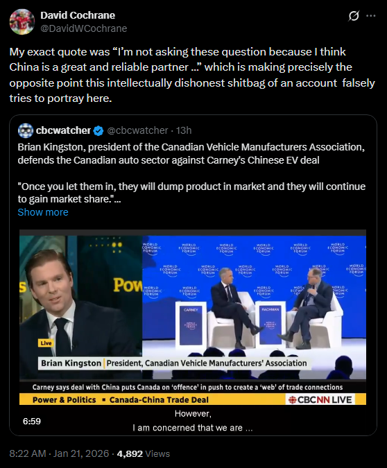 cbcwatcher's tweet photo. David Cochrane is a Liberal shill. He has been called out by Senator Cardozo at a committee for holding the opposition to a higher standard than his beloved Liberals.
He unblocked to make this point to this "intellectually dishonest shitbag account" and then quickly blocked again
Watch and listen very carefully to the unedited exchange at half speed and full speed
There is no "because" - he may have meant to say it but this is the reality.
The quote "I'm not asking these questions. I think China is a great, reliable partner."
But Cochrane is the true "intellectually dishonest shitbag" here. His transference on this is pathological
And the fact that this is the first time he has called this account out EVER is telling! @DavidWCochrane https://t.co/d81A4z9NHQ