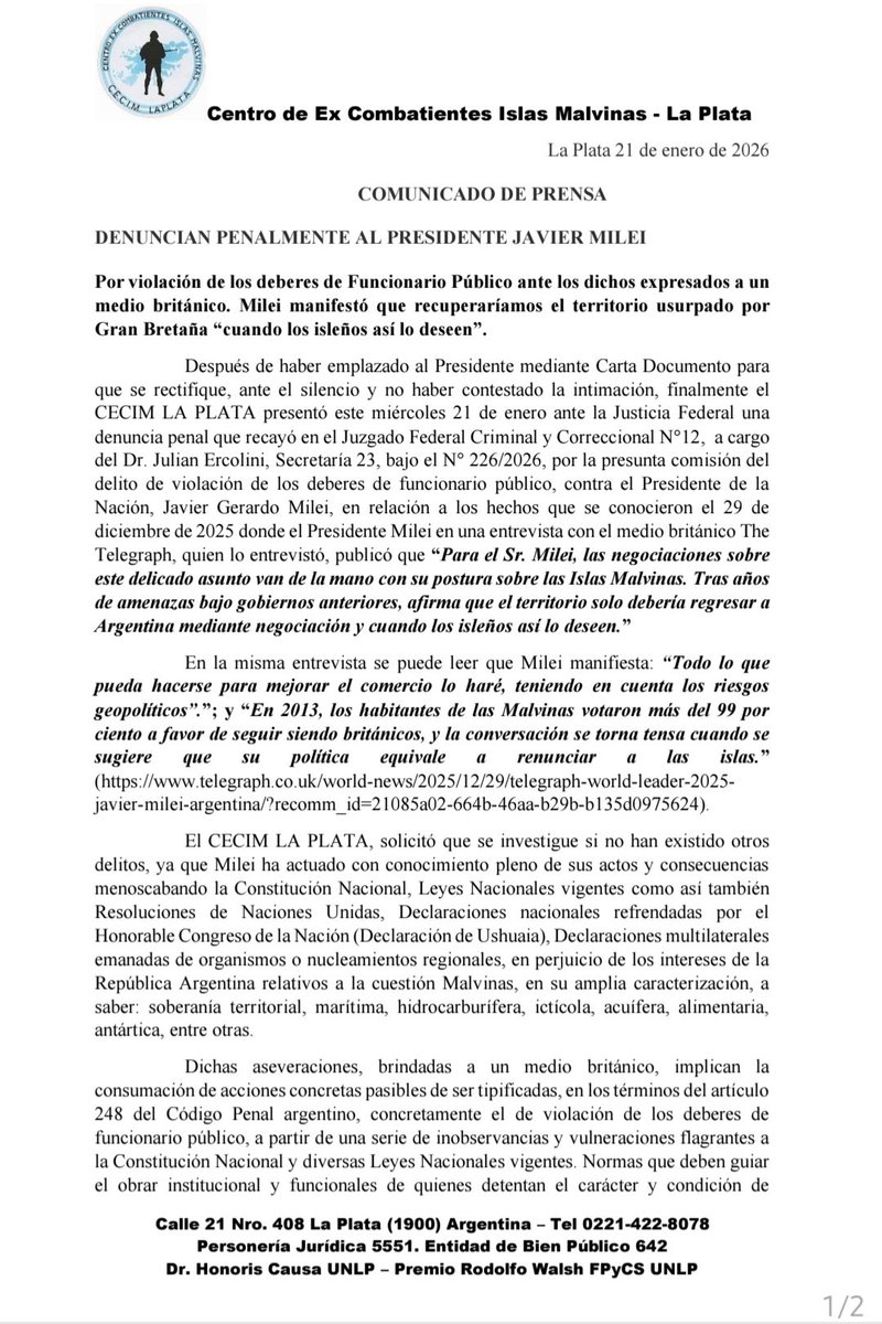 jerogi's tweet image. DENUNCIAMOS PENALMENTE A MILEI por violación de los deberes de Funcionario Público, ante los dichos expresados a un medio británico. Milei manifestó que recuperaríamos el territorio usurpado por Gran Bretaña “cuando los isleños así lo deseen”. 

Después de haber emplazado al…