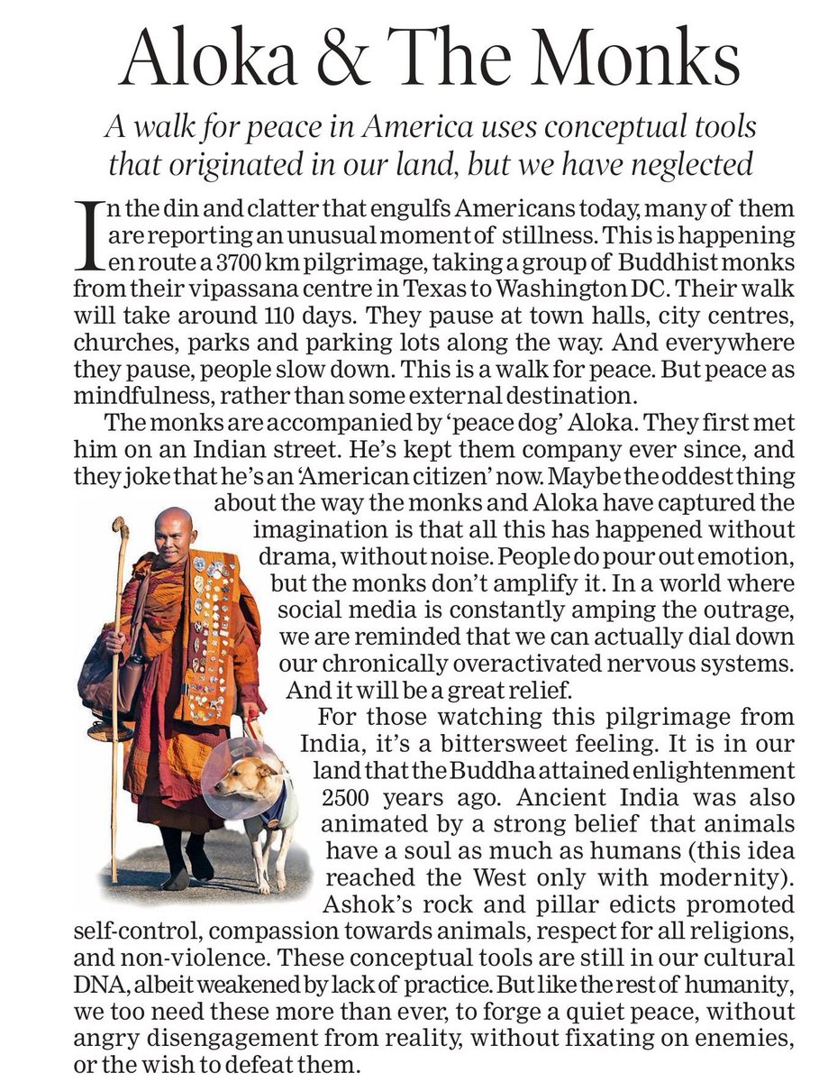 What a heartwarming walk. The monks and their faithful companion Aloka are a reminder of the wisdom India gave the world: introspection (स्वाध्याय) that soothes the soul, compassion (करुणा) that embraces every living being and peace (शांति) born not from winning, but from simply